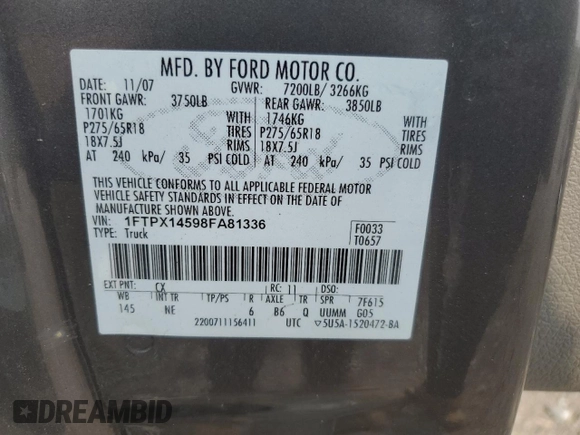 2008 Ford F-150 XLT с VIN 1FTPX14598FA81336, выставлен на аукционе Copart как лот 59581435 с пробегом 72 178 миль миль и Чистый • Clean title. История ставок и продаж доступна на DreamBid. Изображение 12.