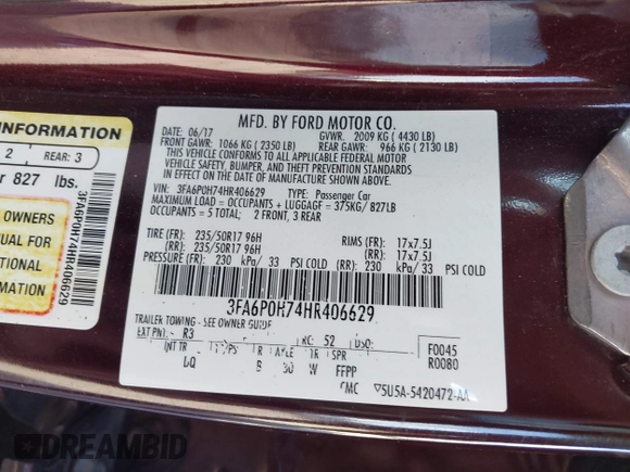 2017 Ford Fusion SE with VIN 3FA6P0H74HR406629, listed as a IAAI auction lot 41457066 with 1 mi miles. Bid and sale history available at carsss.com. Image 9.