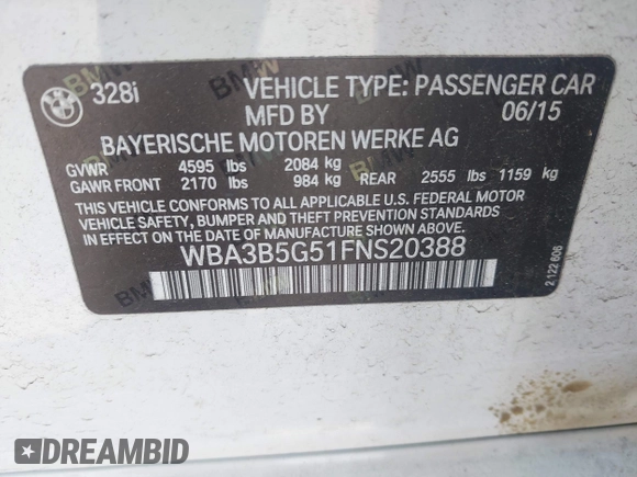 2015 BMW 3 Series 328i xDrive с VIN WBA3B5G51FNS20388, выставлен на аукционе IAAI как лот 42399201 с пробегом 97 349 миль миль и . История ставок и продаж доступна на DreamBid. Изображение 9.