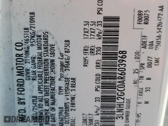 2010 Lincoln MKZ with VIN 3LNHL2GC0AR603968, listed as a Copart auction lot 48949505 with 102,527 mi miles and Salvage Title. Bid and sale history available at DreamBid. Image 12.