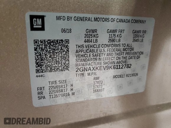 2019 Chevrolet Equinox LT with VIN 2GNAXKEV9K6112782, listed as a Copart auction lot 50267795 with 93,480 mi miles and Clean Title. Bid and sale history available at DreamBid. Image 13.
