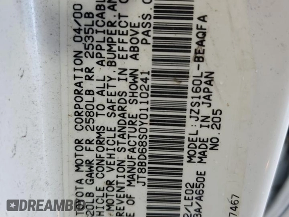 2000 Lexus GS 300 with VIN JT8BD68S0Y0110241, listed as a Copart auction lot 41993575 with 37,197 mi miles and Salvage Title. Bid and sale history available at DreamBid. Image 12.