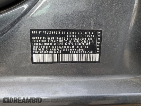 2024 Volkswagen Jetta SE with VIN 3VW7M7BU7RM020488, listed as a Copart auction lot 48544855 with 16,499 mi miles and Salvage title. Bid and sale history available at DreamBid. Image 15.