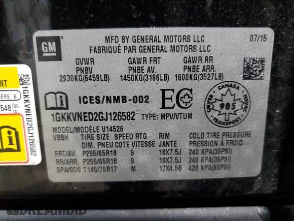 2016 GMC Acadia SLE with VIN 1GKKVNED2GJ126582, listed as a Copart auction lot 52283925 with Not provided miles and Salvage title. Bid and sale history available at DreamBid. Image 14.