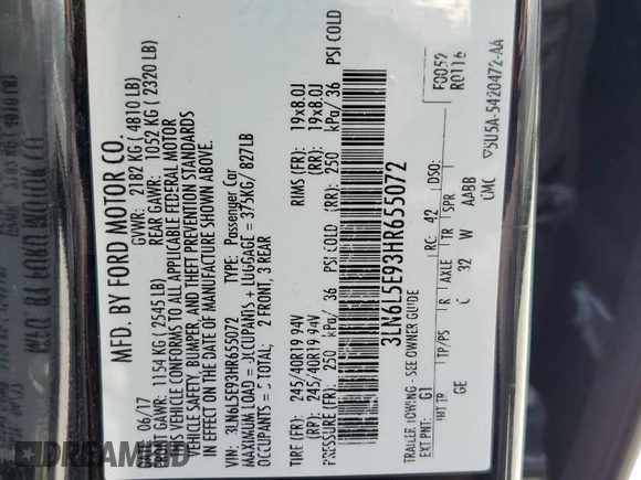 2017 Lincoln MKZ Reserve with VIN 3LN6L5E93HR655072, listed as a Copart auction lot 62376255 with 102,266 mi miles and Clean title. Bid and sale history available at DreamBid. Image 12.