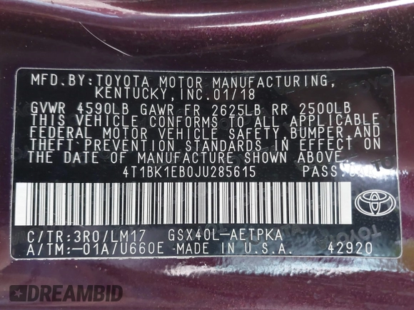 2018 Toyota Avalon XLE with VIN 4T1BK1EB0JU285615, listed as a IAAI auction lot 41903212 with Not Provided miles and . Bid and sale history available at DreamBid. Image 9.