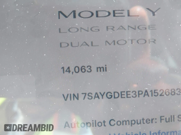 2023 Tesla Model Y Long Range with VIN 7SAYGDEE3PA152683, listed as a IAAI auction lot 41798988 with 14,063 mi miles and . Bid and sale history available at carsss.com. Image 15.