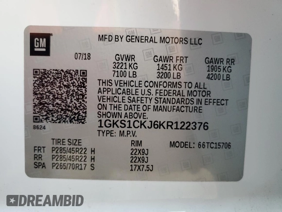 2019 GMC Yukon Denali with VIN 1GKS1CKJ6KR122376, listed as a Copart auction lot 85943414 with 90,614 mi miles and Salvage Title. Bid and sale history available at carsss.com. Image 15.