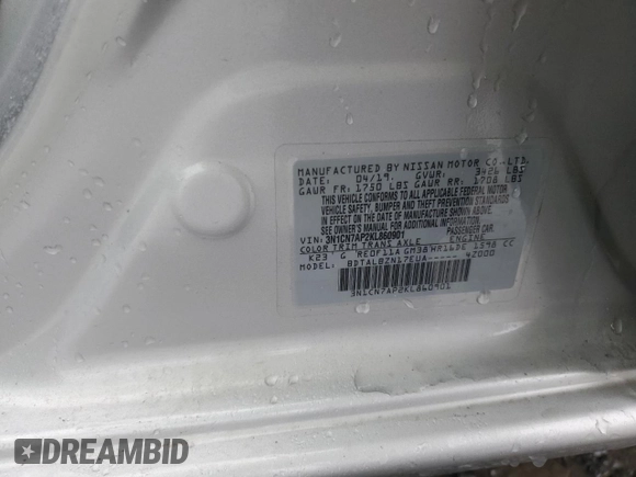 2019 Nissan Versa SV z VIN 3N1CN7AP2KL860901, wystawiony jako Copart lot #56665215 z przebiegiem 44 217 mil mil oraz Szkoda całkowita • Salvage title. Historia ofert i sprzedaży dostępna na DreamBid. Obrazek 12.