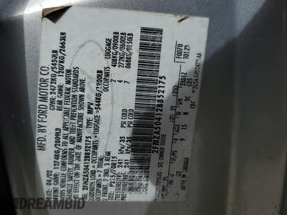 2002 Ford Windstar LX w/910A z VIN 2FMZA50412BB52175, wystawiony jako Copart lot #71832164 z przebiegiem Nie podano mil oraz Szkoda całkowita • Salvage title. Historia ofert i sprzedaży dostępna na DreamBid. Obrazek 13.