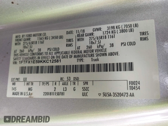 2019 Ford F-150 XL with VIN 1FTFX1E59KKC12581, listed as a IAAI auction lot 42534086 with 152,955 mi miles and . Bid and sale history available at DreamBid. Image 9.