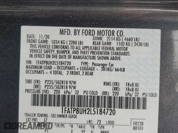 2020 Ford Mustang EcoBoost with VIN 1FATP8UH2L5184720, listed as a Copart auction lot 59169155 with 64,616 mi miles and Salvage title. Bid and sale history available at DreamBid. Image 12.