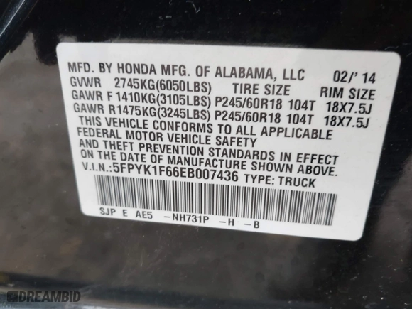 2014 Honda Ridgeline SE with VIN 5FPYK1F66EB007436, listed as a IAAI auction lot 41079137 with 87,359 mi miles. Bid and sale history available at carsss.com. Image 9.