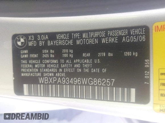 2006 BMW X3 3.0i with VIN WBXPA93496WG86257, listed as a IAAI auction lot 42312476 with 145,746 mi miles and . Bid and sale history available at DreamBid. Image 9.