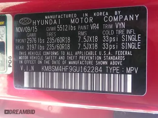 2016 Hyundai Santa Fe SE with VIN KM8SM4HF9GU162284, listed as a IAAI auction lot 42061934 with 155,544 mi miles. Bid and sale history available at carsss.com. Image 9.