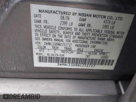 2006 Nissan Altima SL z VIN 1N4BL11D96C251717, wystawiony jako IAAI lot #41566215 z przebiegiem 189 431 mil mil oraz . Historia ofert i sprzedaży dostępna na DreamBid. Obrazek 9.