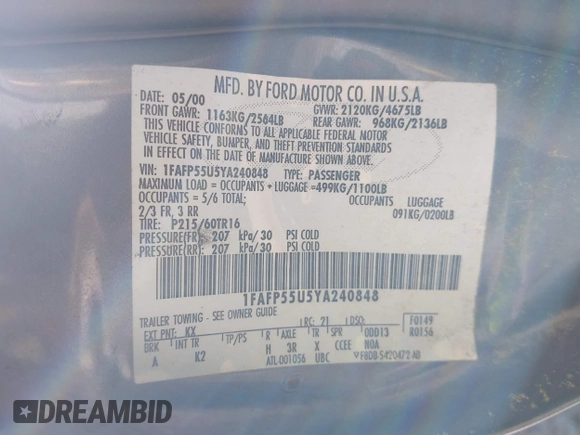 2000 Ford Taurus SES with VIN 1FAFP55U5YA240848, listed as a IAAI auction lot 41981516 with 147,711 mi miles and . Bid and sale history available at DreamBid. Image 9.