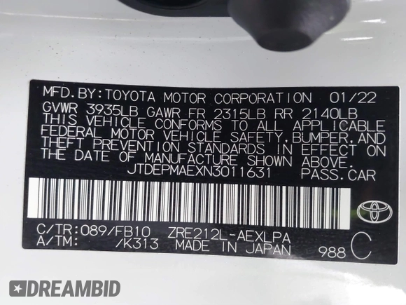 2022 Toyota Corolla LE with VIN JTDEPMAEXN3011631, listed as a IAAI auction lot 41727267 with 64,145 mi miles and . Bid and sale history available at DreamBid. Image 9.