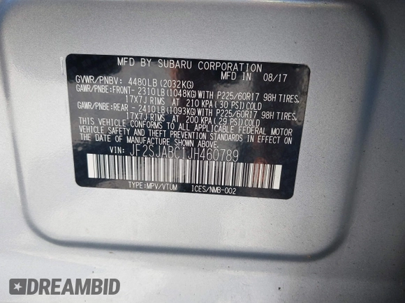 2018 Subaru Forester with VIN JF2SJABC1JH460789, listed as a IAAI auction lot 42631854 with 86,215 mi miles and . Bid and sale history available at DreamBid. Image 9.