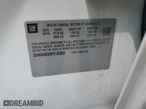 2015 Buick Regal Premium I with VIN 2G4GN5EX8F9139662, listed as a Copart auction lot 65553854 with 65,449 mi miles and Salvage Title. Bid and sale history available at carsss.com. Image 14.