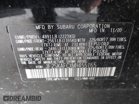 2021 Subaru Forester Premium with VIN JF2SKAFCXMH455165, listed as a IAAI auction lot 41980264 with 54,771 mi miles. Bid and sale history available at carsss.com. Image 9.