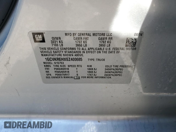 2014 Chevrolet Silverado 1500 LT with VIN 1GCVKREHXEZ400685, listed as a Copart auction lot 48803055 with 179,619 mi miles and Salvage Title. Bid and sale history available at DreamBid. Image 12.