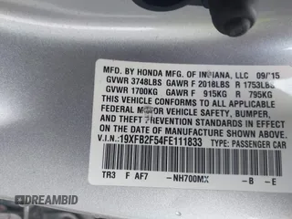 2015 Honda Civic Sedan LX with VIN 19XFB2F54FE111833, listed as a IAAI auction lot 42037241 with 61,080 mi miles. Bid and sale history available at carsss.com. Image 9.