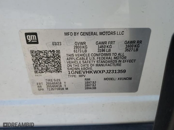 2023 Chevrolet Traverse LT Leather with VIN 1GNEVHKWXPJ231359, listed as a Copart auction lot 50389185 with 33,489 mi miles and Salvage Title. Bid and sale history available at carsss.com. Image 13.