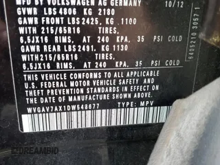 2013 Volkswagen Tiguan S with VIN WVGAV7AX1DW548677, listed as a Copart auction lot 52787255 with 72,256 mi miles and Salvage title. Bid and sale history available at DreamBid. Image 15.