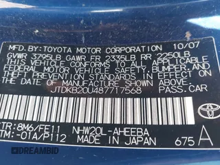 2008 Toyota Prius with VIN JTDKB20U487717568, listed as a IAAI auction lot 42470941 with 241,600 mi miles and . Bid and sale history available at DreamBid. Image 9.