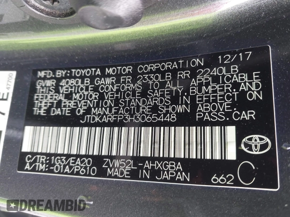 2017 Toyota Prius Plus with VIN JTDKARFP3H3065448, listed as a IAAI auction lot 41937110 with 142,039 mi miles and . Bid and sale history available at DreamBid. Image 9.