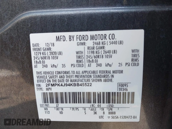 2019 Ford Edge SEL with VIN 2FMPK4J94KBB45522, listed as a IAAI auction lot 42462801 with 56,289 mi miles and . Bid and sale history available at DreamBid. Image 9.