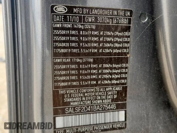 2011 Land Rover Range Rover Sport HSE with VIN SALSF2D41BA275446, listed as a Copart auction lot 60845465 with 150,048 mi miles and Salvage title. Bid and sale history available at DreamBid. Image 14.