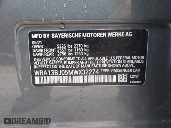 2021 BMW 5 Series 530i xDrive with VIN WBA13BJ05MWX32274, listed as a IAAI auction lot 41903090 with 43,729 mi miles and . Bid and sale history available at DreamBid. Image 9.