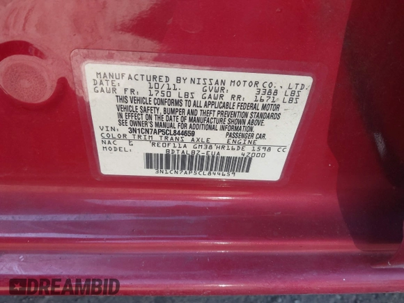 2012 Nissan Versa S with VIN 3N1CN7AP5CL844659, listed as a IAAI auction lot 41763533 with 85,271 mi miles. Bid and sale history available at carsss.com. Image 9.