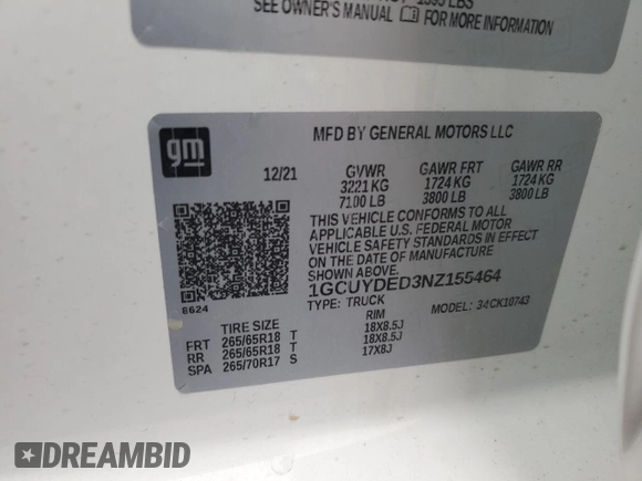 2022 Chevrolet Silverado 1500 LT with VIN 1GCUYDED3NZ155464, listed as a Copart auction lot 45706765 with 45,565 mi miles and Salvage Title. Bid and sale history available at DreamBid. Image 12.