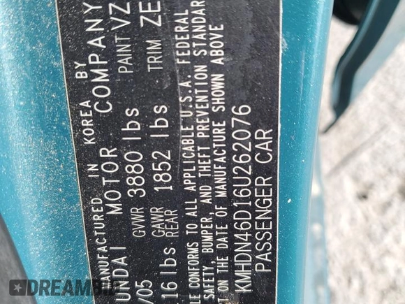 2006 Hyundai Elantra GLS z VIN KMHDN46D16U262076, wystawiony jako Copart lot #54564445 z przebiegiem 62 326 mil mil oraz Szkoda całkowita • Salvage title. Historia ofert i sprzedaży dostępna na DreamBid. Obrazek 12.