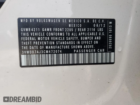 2012 Volkswagen Jetta SE with VIN 3VWDX7AJ3CM472074, listed as a Copart auction lot 61433125 with 185,861 mi miles and Salvage title. Bid and sale history available at DreamBid. Image 13.