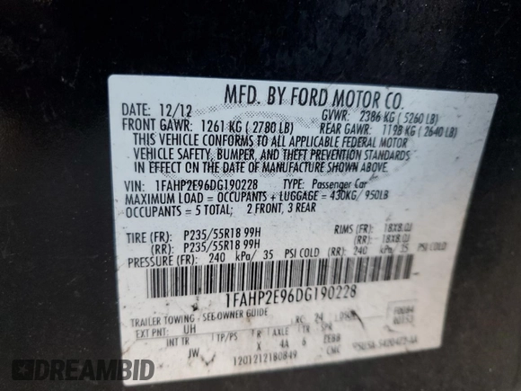 2013 Ford Taurus SEL with VIN 1FAHP2E96DG190228, listed as a Copart auction lot 87371464 with Not Provided miles and Clean Title. Bid and sale history available at carsss.com. Image 12.