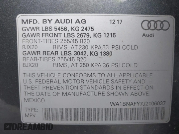 2018 Audi Q5 Premium Plus with VIN WA1BNAFY7J2106037, listed as a IAAI auction lot 41282887 with 81,170 mi miles. Bid and sale history available at carsss.com. Image 9.