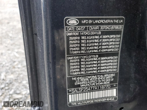 2007 Land Rover Range Rover Sport HSE with VIN SALSF25477A118770, listed as a Copart auction lot 51675965 with 144,609 mi miles and Salvage Title. Bid and sale history available at DreamBid. Image 15.