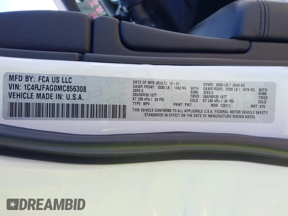 2021 Jeep Grand Cherokee Freedom with VIN 1C4RJFAG0MC856308, listed as a IAAI auction lot 42050995 with 35,428 mi miles and . Bid and sale history available at DreamBid. Image 9.