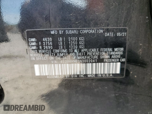 2022 Subaru Legacy Limited z VIN 4S3BWAN60N3002041, wystawiony jako Copart lot #53577755 z przebiegiem 67 919 mil mil oraz Szkoda całkowita • Salvage title. Historia ofert i sprzedaży dostępna na DreamBid. Obrazek 13.