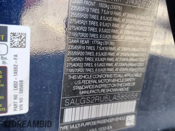 2020 Land Rover Range Rover HSE with VIN SALGS2RU5LA585658, listed as a Copart auction lot 73409474 with 64,340 mi miles and Salvage Title. Bid and sale history available at DreamBid. Image 14.