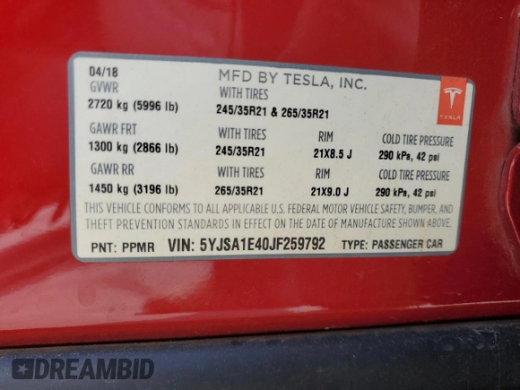 2018 Tesla Model S 75D with VIN 5YJSA1E40JF259792, listed as a Copart auction lot 56502085 with 116,821 mi miles and Salvage title. Bid and sale history available at DreamBid. Image 12.