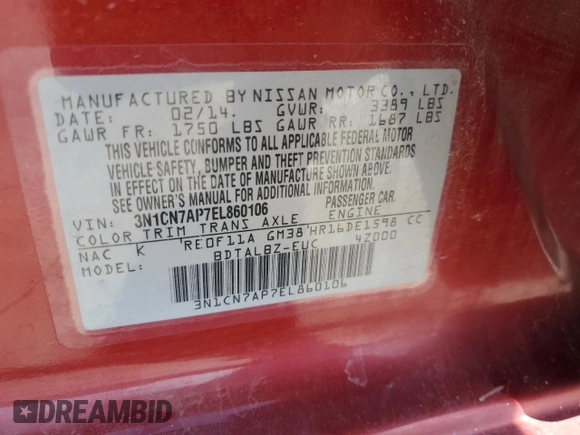 2014 Nissan Versa SV with VIN 3N1CN7AP7EL860106, listed as a Copart auction lot 83854594 with 114,455 mi miles and Salvage Title. Bid and sale history available at carsss.com. Image 14.