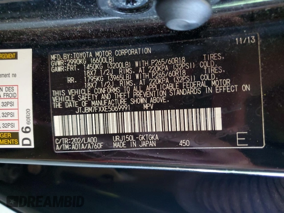 2014 Lexus GX 460 with VIN JTJBM7FXXE5069991, listed as a Copart auction lot 61786075 with 163,551 mi miles and Clean title. Bid and sale history available at DreamBid. Image 13.