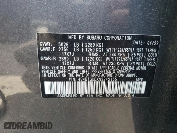 2022 Subaru Outback Wilderness with VIN 4S4BTGUDXN3242155, listed as a Copart auction lot 47000645 with 44,622 mi miles and Salvage Title. Bid and sale history available at DreamBid. Image 13.