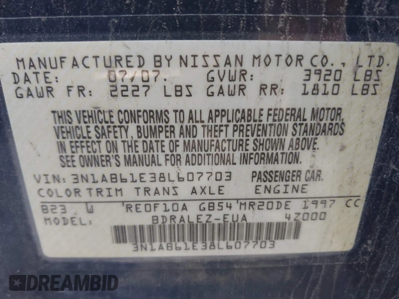 2008 Nissan Sentra S with VIN 3N1AB61E38L607703, listed as a IAAI auction lot 41790092 with 124,564 mi miles and . Bid and sale history available at DreamBid. Image 9.