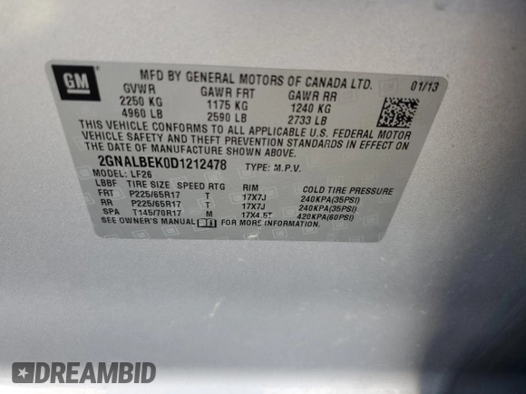 2013 Chevrolet Equinox LS z VIN 2GNALBEK0D1212478, wystawiony jako Copart lot #55844265 z przebiegiem 123 417 mil mil oraz Szkoda całkowita • Salvage title. Historia ofert i sprzedaży dostępna na DreamBid. Obrazek 14.